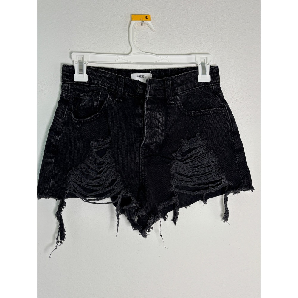 Forever 21 Premium Black Distressed Denim Shorts High Rise Button Fly Size 24